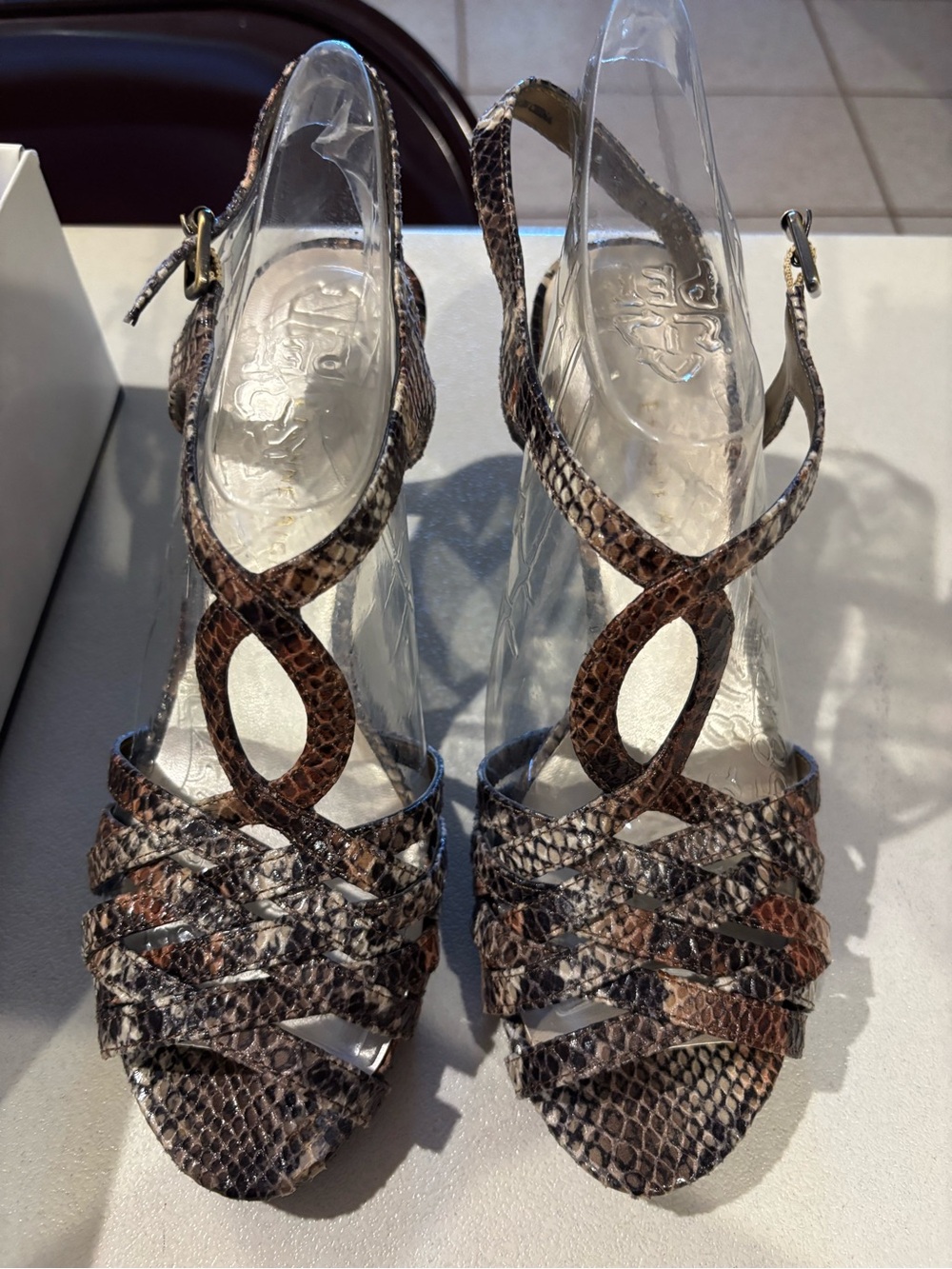 Etienne Aigner Brown Snakeskin Strappy Slingback Heels